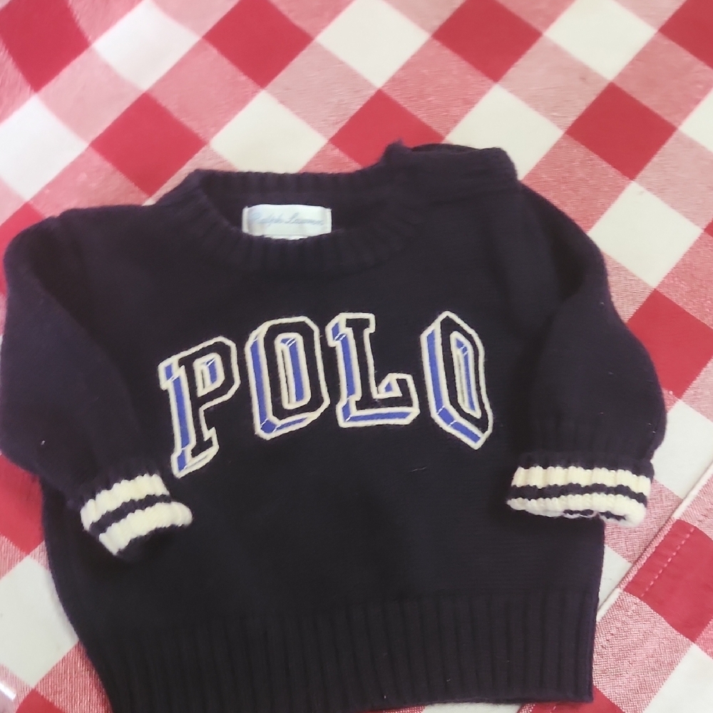 Ralph Lauren Navy Blue Polo Knit Sweater with White Trim